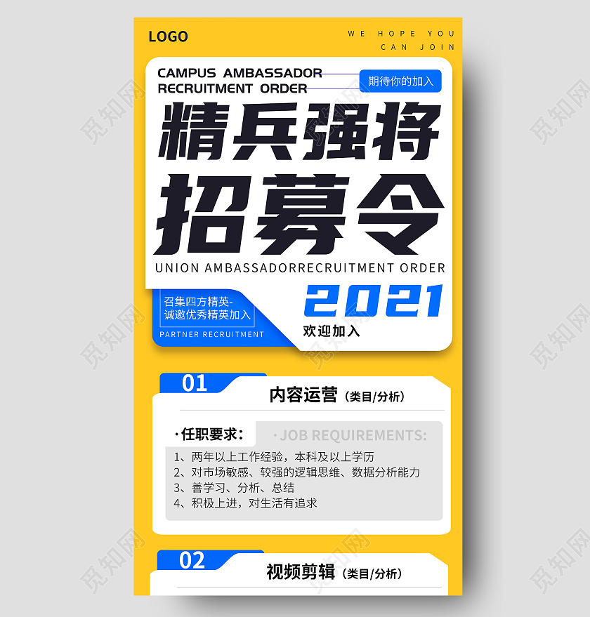 黄色精兵强将招募令2021诚邀优秀精英加入招募令招聘蓝色宣传营销长图