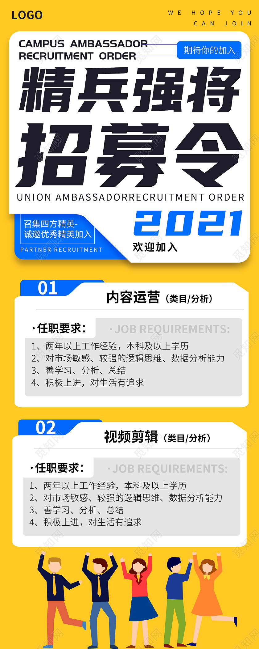 黄色精兵强将招募令2021诚邀优秀精英加入招募令招聘蓝色宣传营销长图