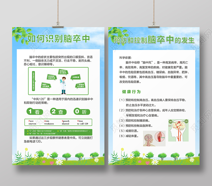 绿色清新自然识别脑卒中预防脑卒中海报