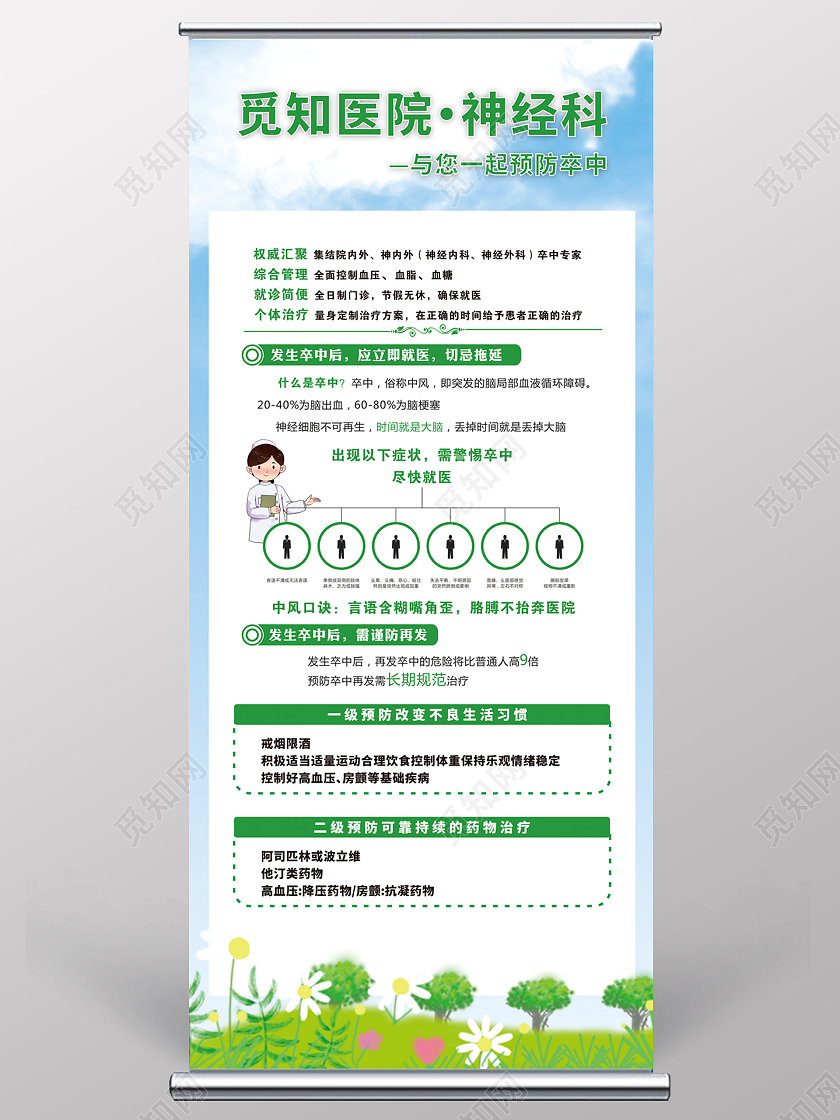绿色清晰自然神经科与您一起预防卒中易拉宝脑卒中