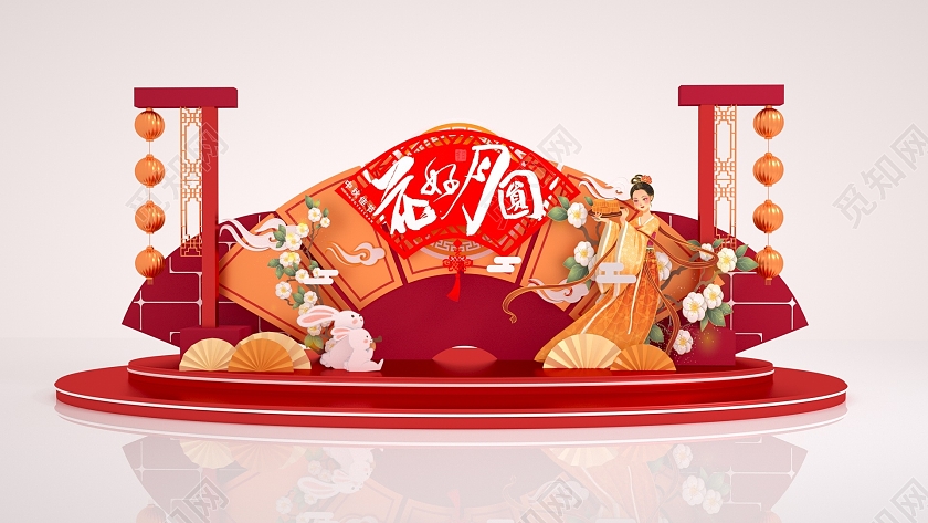 C4D中秋花好月圆中国风美陈拱门中秋美陈