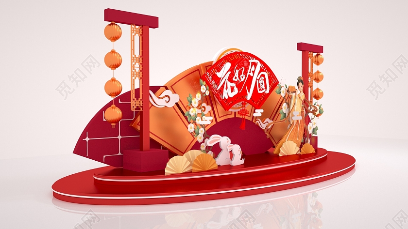 C4D中秋花好月圆中国风美陈拱门中秋美陈