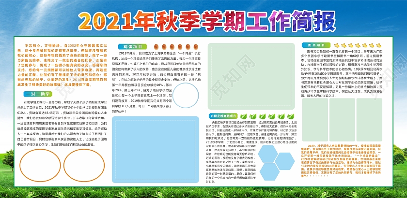 蓝色宣传展板工作简报蓝天白云绿草地宣传栏简报画册封面