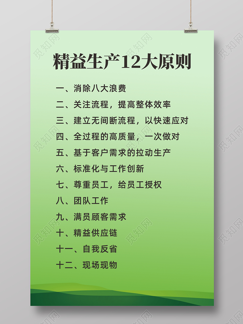 绿色简约精益生产12大原则宣传海报精益生产展板