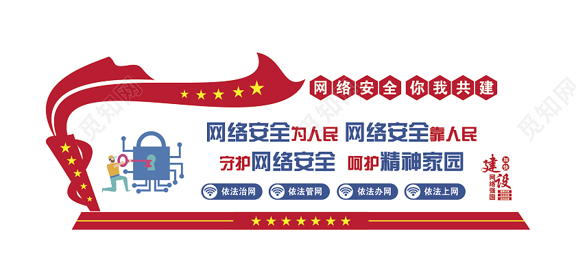 蓝红色简约大气网信办网络安全文化墙