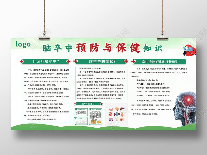 浅绿色脑卒中预防与保健知识展板