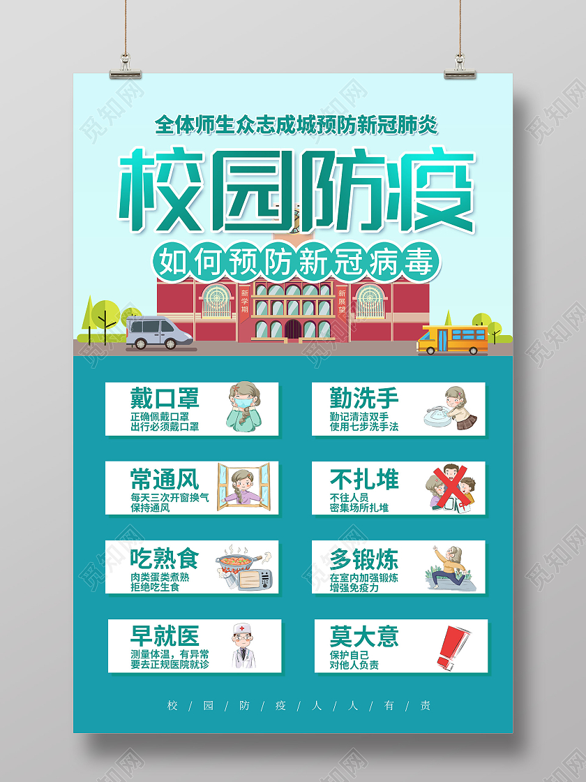 蓝色简约校园防疫新冠病毒宣传海报疫情防疫模板
