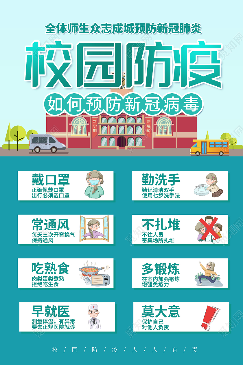 蓝色简约校园防疫新冠病毒宣传海报疫情防疫模板
