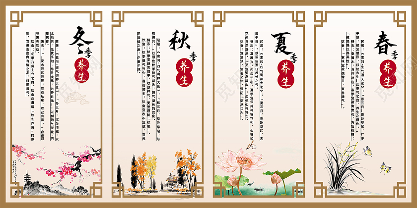 黄色简约水墨风养生春夏秋冬展板