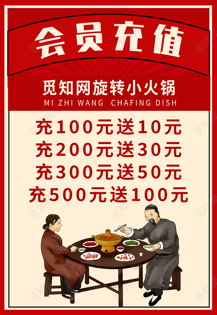 红色卡通插画火锅会员充值海报背景火锅店