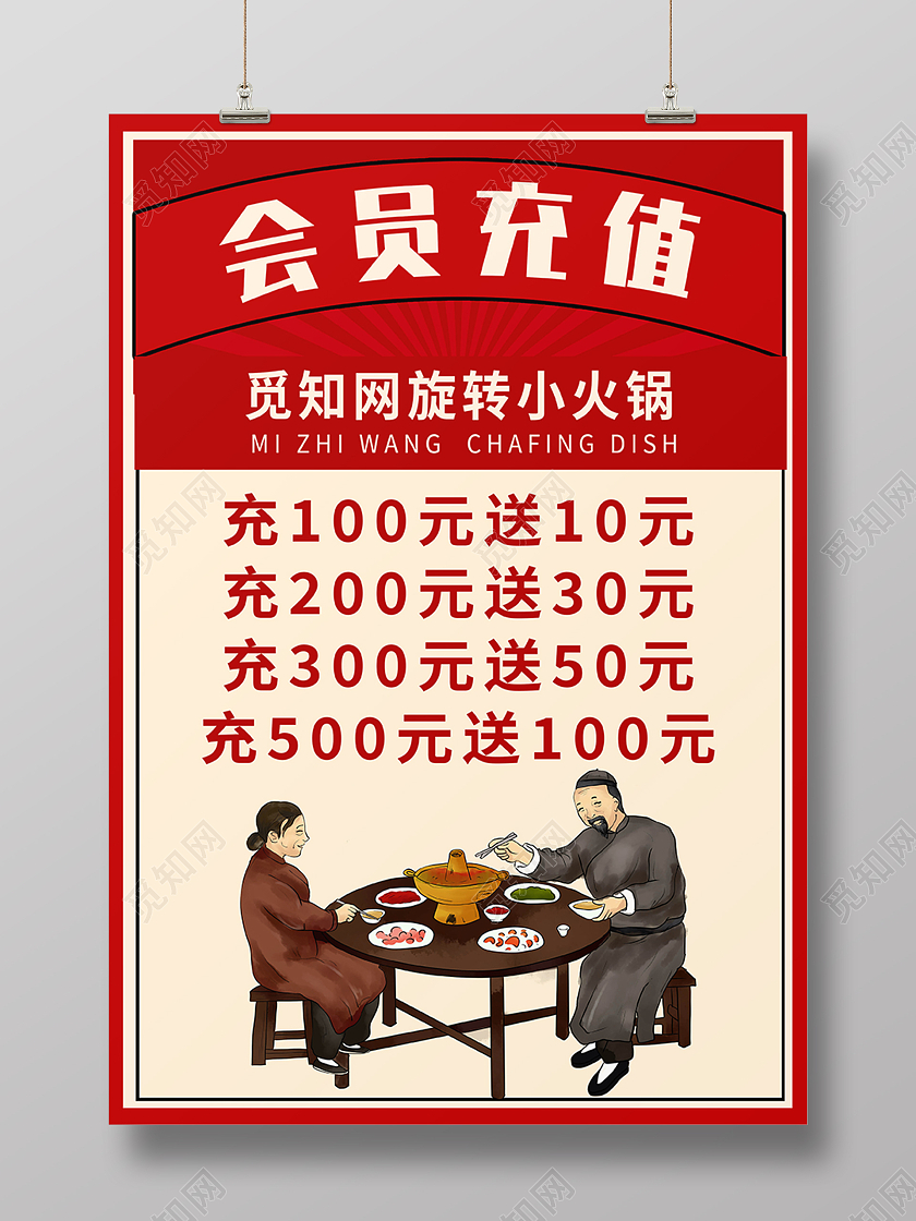 红色卡通插画火锅会员充值海报背景火锅店