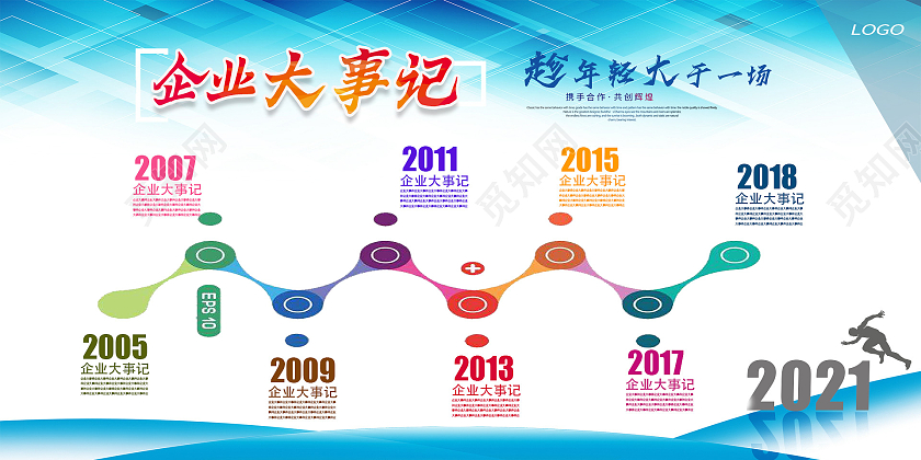 企业大事记趁年轻大干一场蓝色背景展板