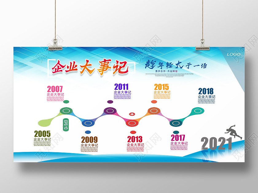 企业大事记趁年轻大干一场蓝色背景展板