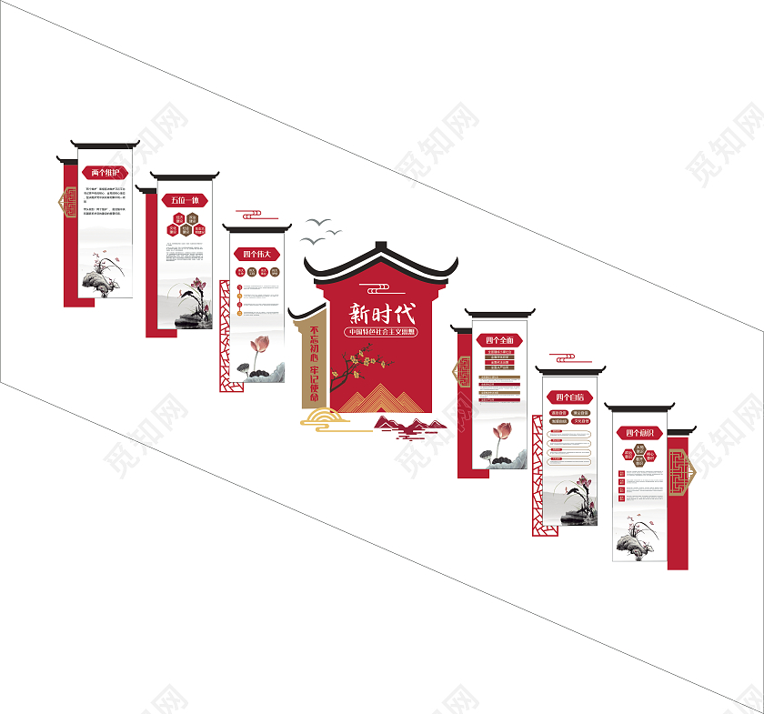 红色水墨风格新时代中国特色社会主义思想文化墙楼梯文化墙
