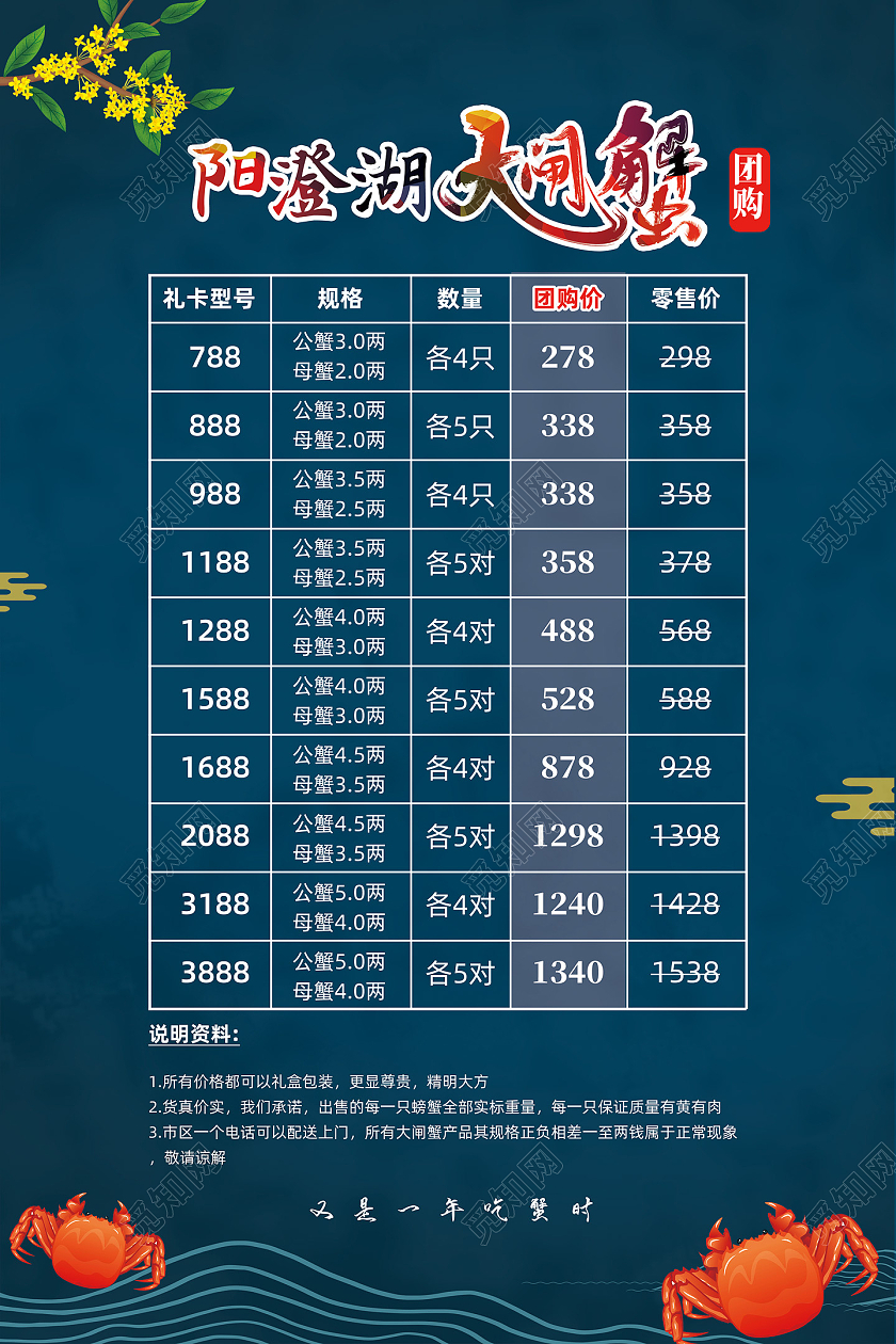 蓝色古风中国风阳澄湖大闸蟹价格表海报