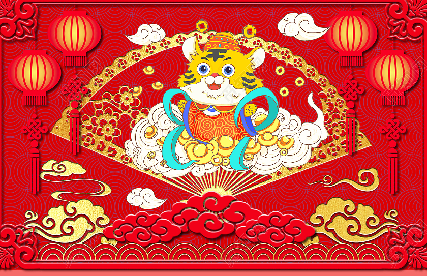 红色背景老虎卡通挂历2022万事如意2022日历