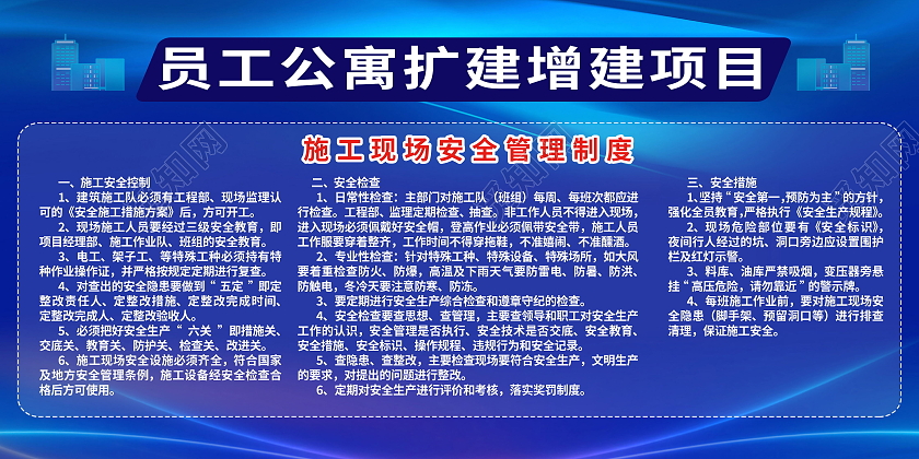 员工公寓扩建增建项目施工现场安全管理制度展板项目介绍展板