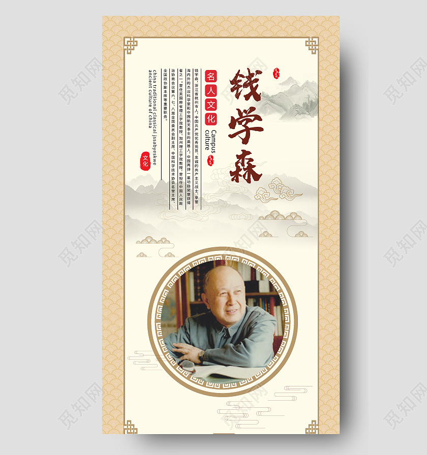 黄色中式钱学森名人名言文化UI海报名人名言海报
