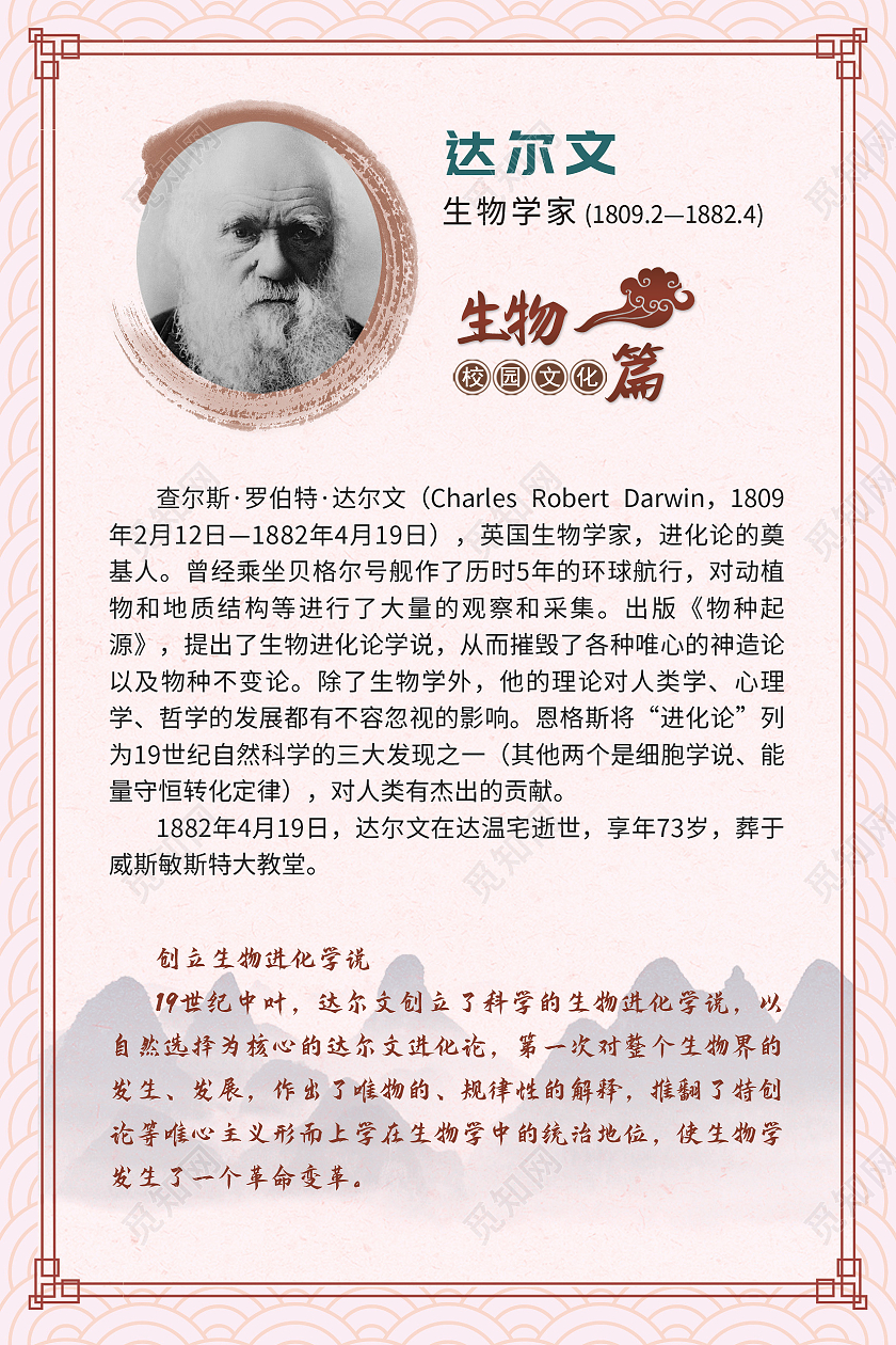 水墨中国风古风框达尔文名人简介海报宣传原创简约名人简介海报名家简介生物学家