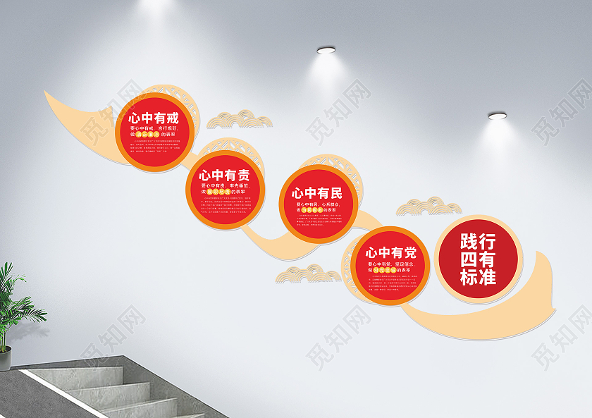 红色简约中式风格党员践行四有标准楼梯文化墙