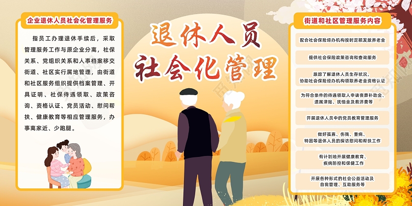 简约大气退休人员社会化管理宣传展板退休展板