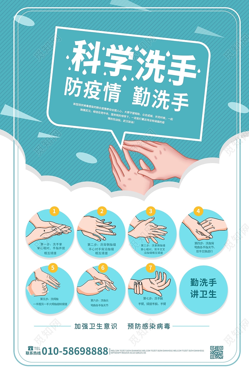 蓝色背景创意手绘风格科学洗手疫情防治宣传海报设计勤洗手七步洗手法绿色卡通海报