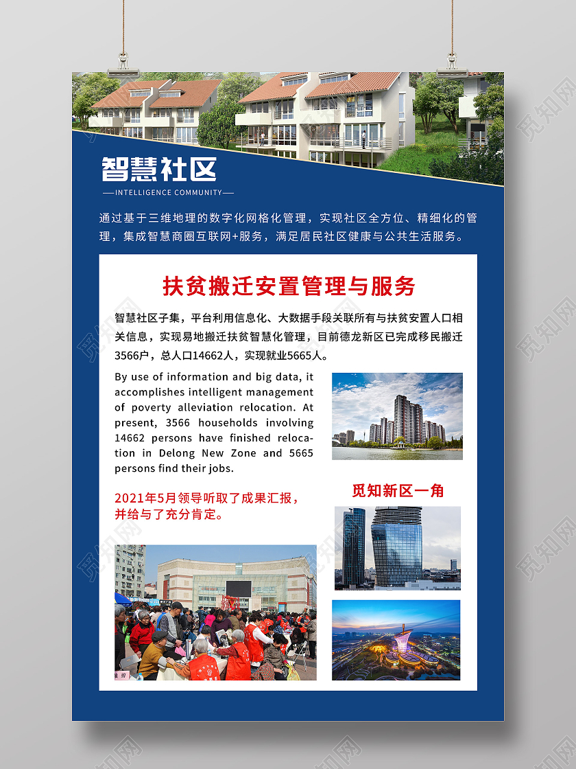 蓝色简约智慧社区扶贫搬迁安置管理服务海报智慧社区海报