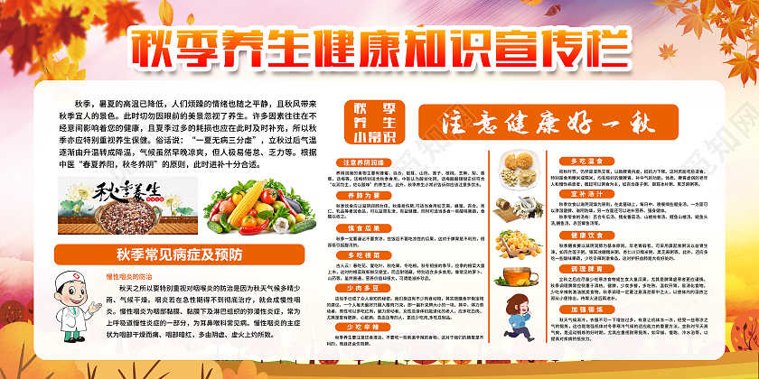 黄色风格秋季健康养生知道宣传栏秋季腹泻宣传栏