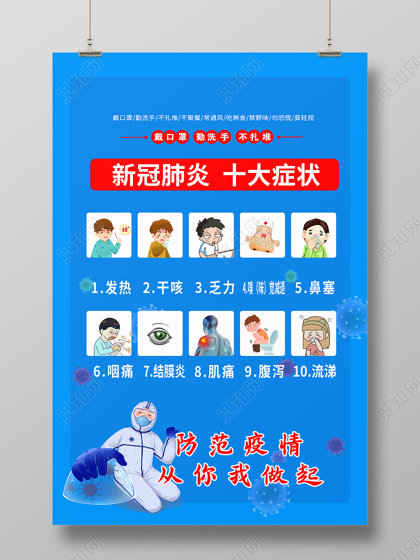 简约大气蓝色新冠状肺炎10大症状十大症状宣传海报