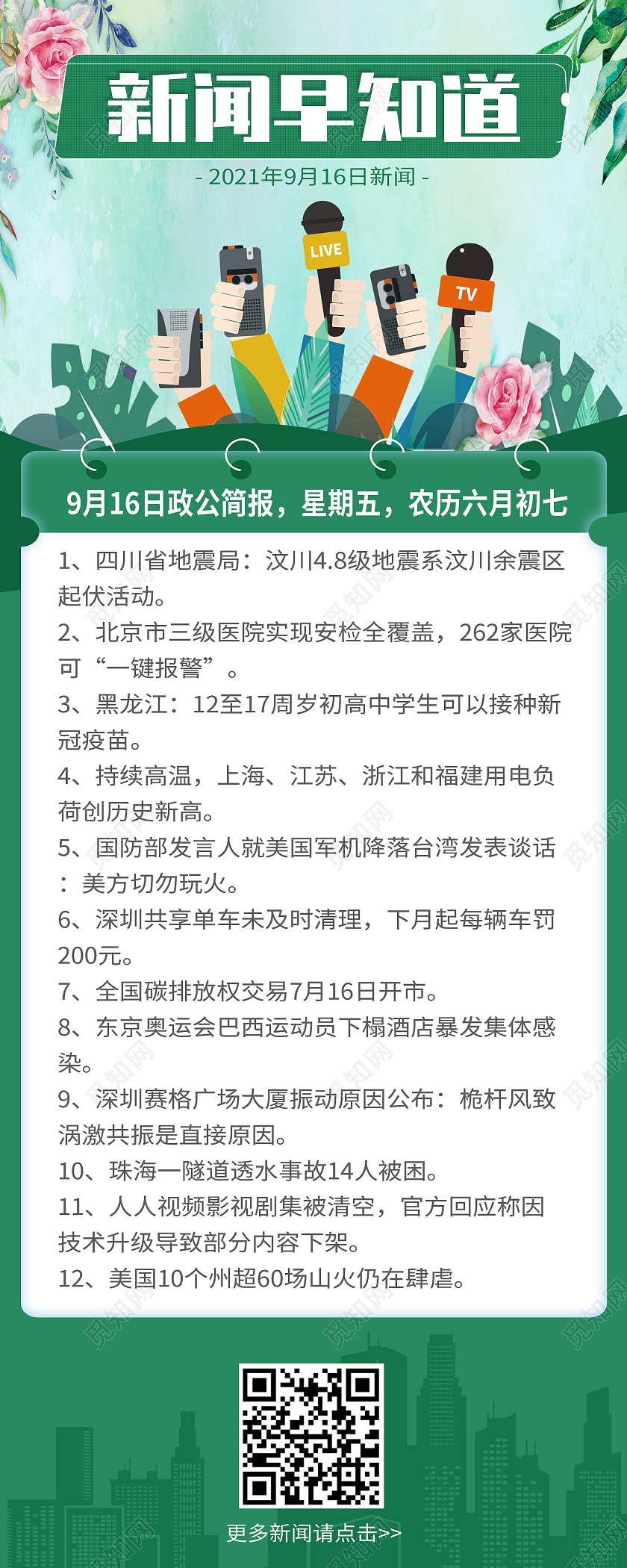 绿色卡通剪影新闻新闻早报花朵背景企业早间新闻H5长图简约蓝色报纸
