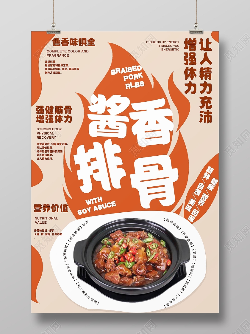 红色简约大气餐厅餐饮美食酱香排骨宣传海报橙色酱香排骨美食宣传海报