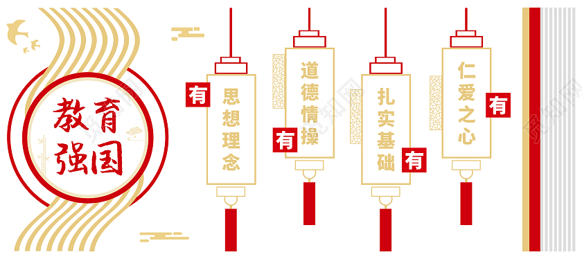 古风红黄色矢量灯笼教育教师文化墙教师办公室文化墙
