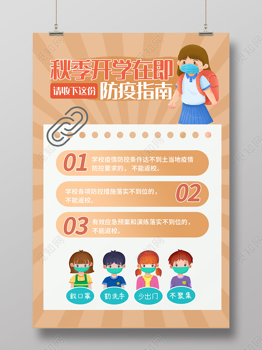 咖色简约风秋季开学在即防疫指南海报开学防疫