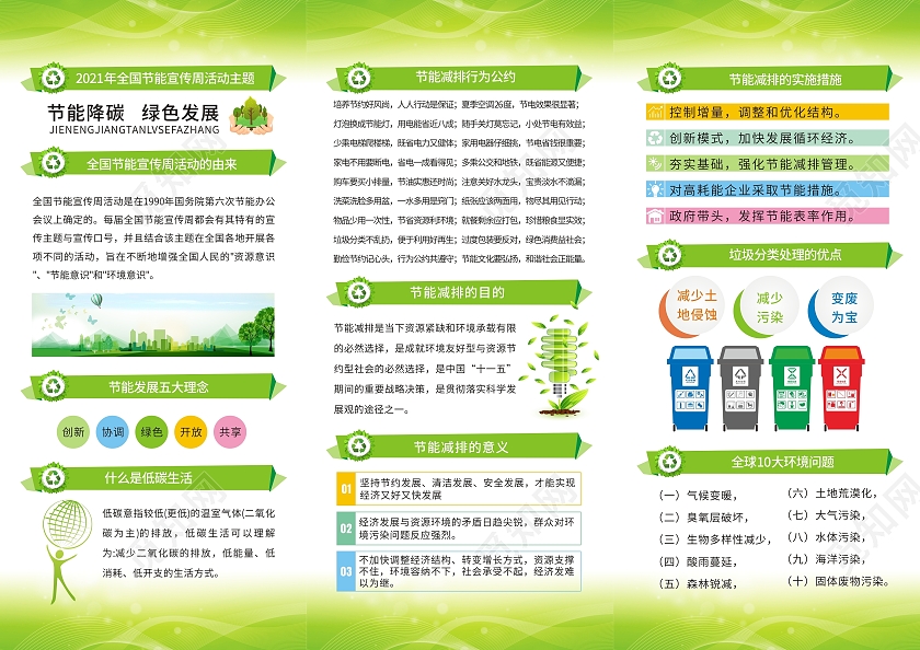 绿色小清新全国节能宣传周活动宣传手册节能减排低碳出行全国节能宣传周三折页