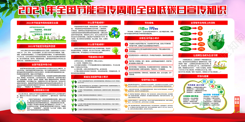 红色水彩风格全国低碳日宣传展板全国节能宣传周宣传栏