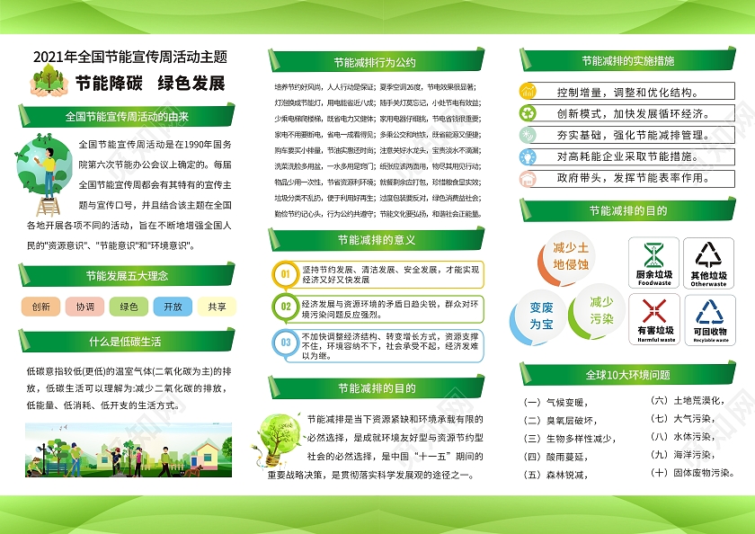 绿色节能减排海报三折页全国节能宣传周活动宣传手册低碳出行全国节能宣传周三折页