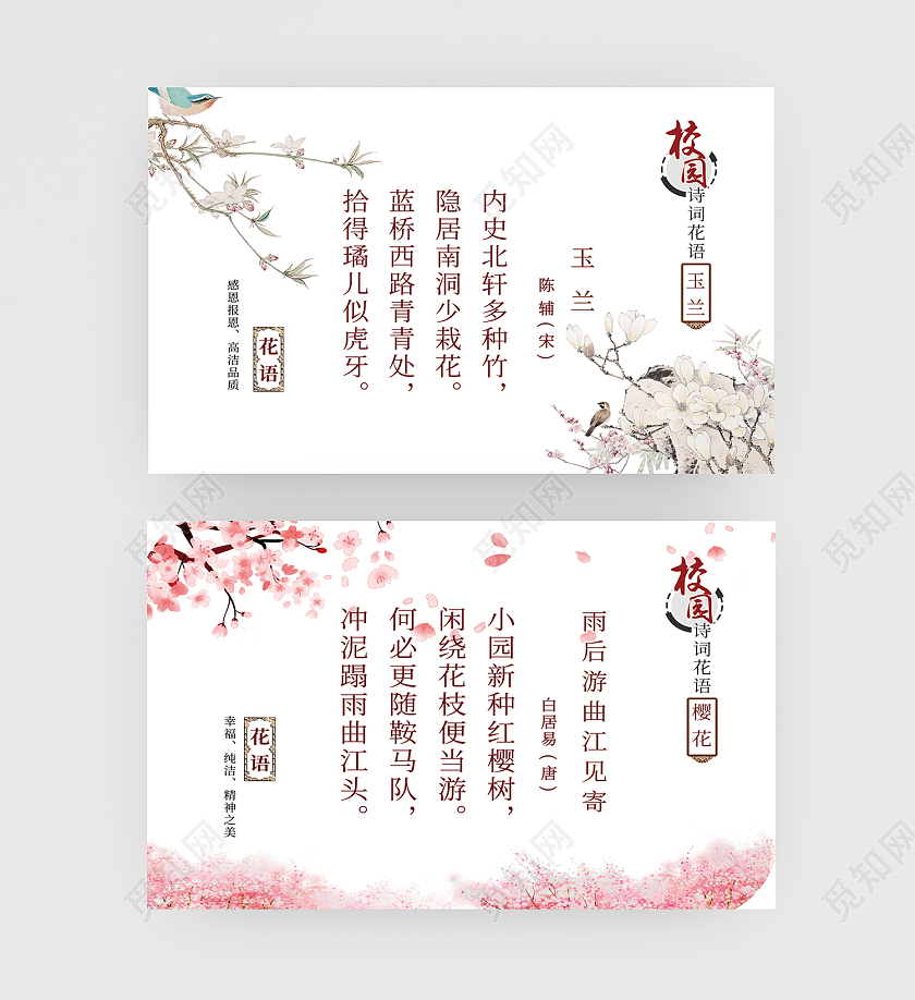 白色简约风诗歌花语玉兰樱花卡片唐诗