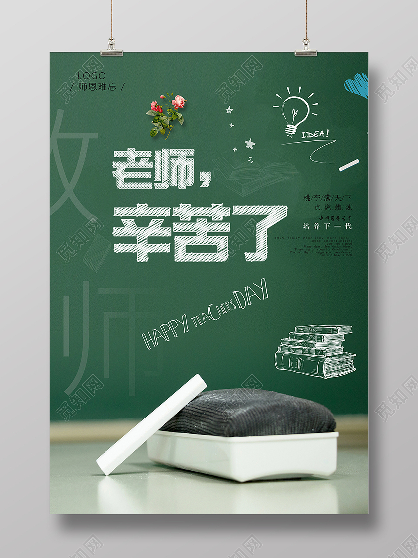 绿色简约黑板教师节老师辛苦了海报背景简洁黑板创意教师节海报