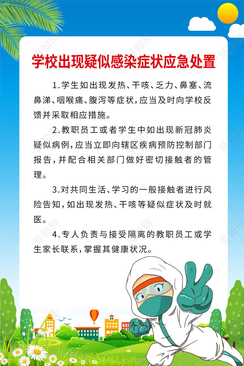 简约大气蓝色学校出现疑似感染症状应急处理开学防疫海报