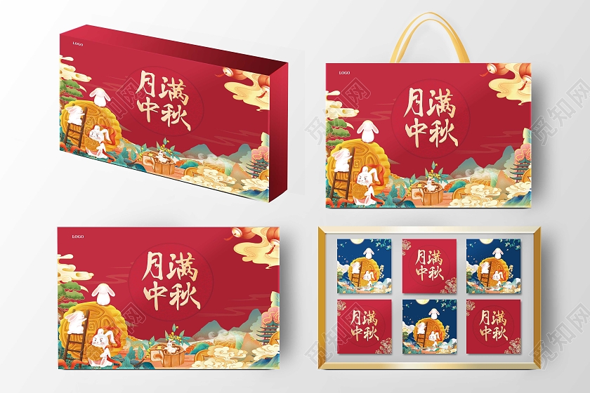 红色手绘月饼高档礼盒包装中秋礼盒包装袋手提袋设计月饼礼盒