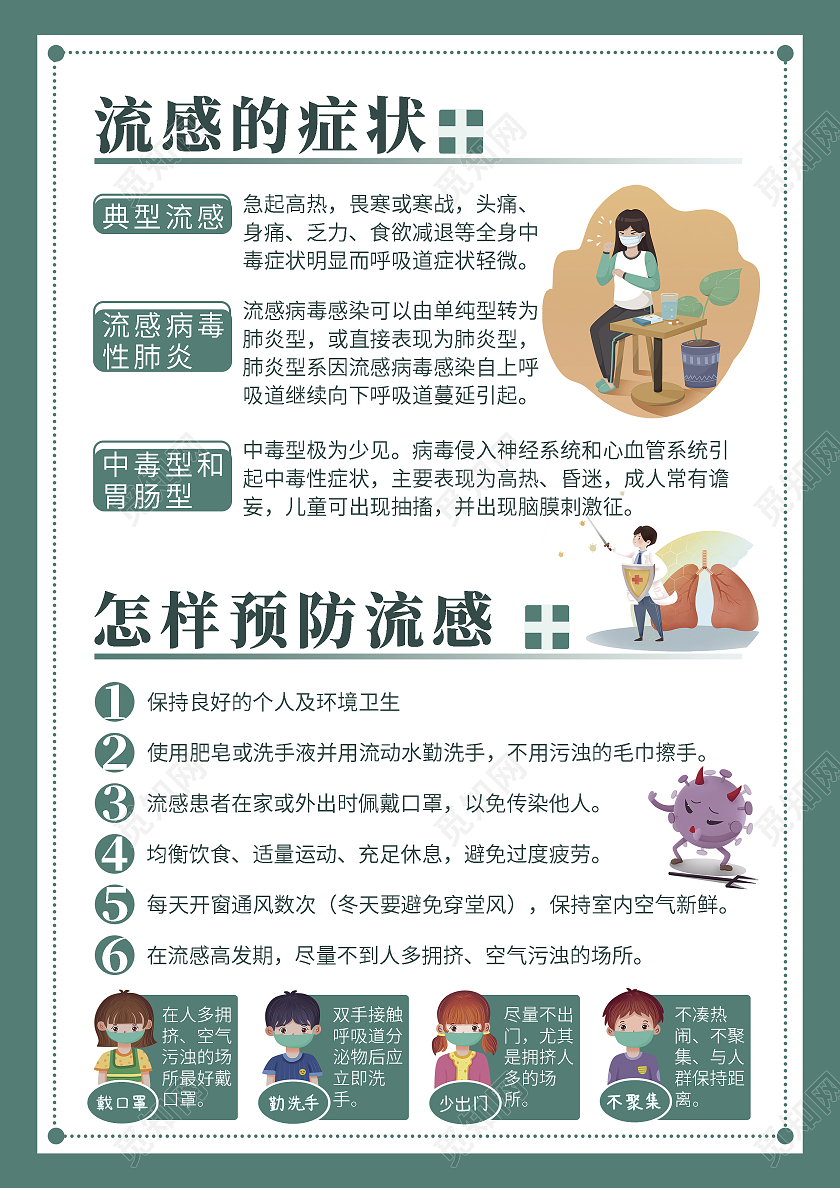绿色卡通手绘简约预防流感保持健康宣传单流感宣传单