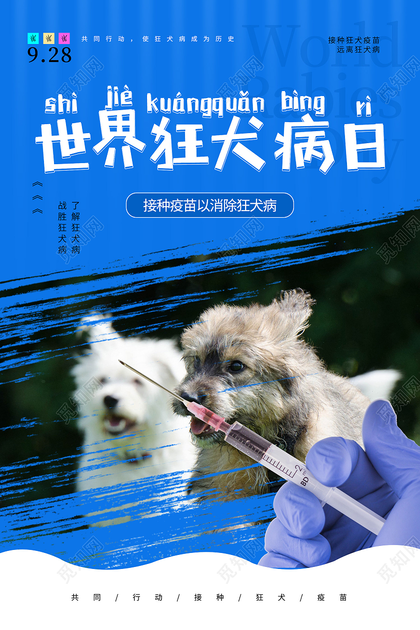 蓝色简约风世界狂犬病日接种疫苗海报世界狂犬病日海报