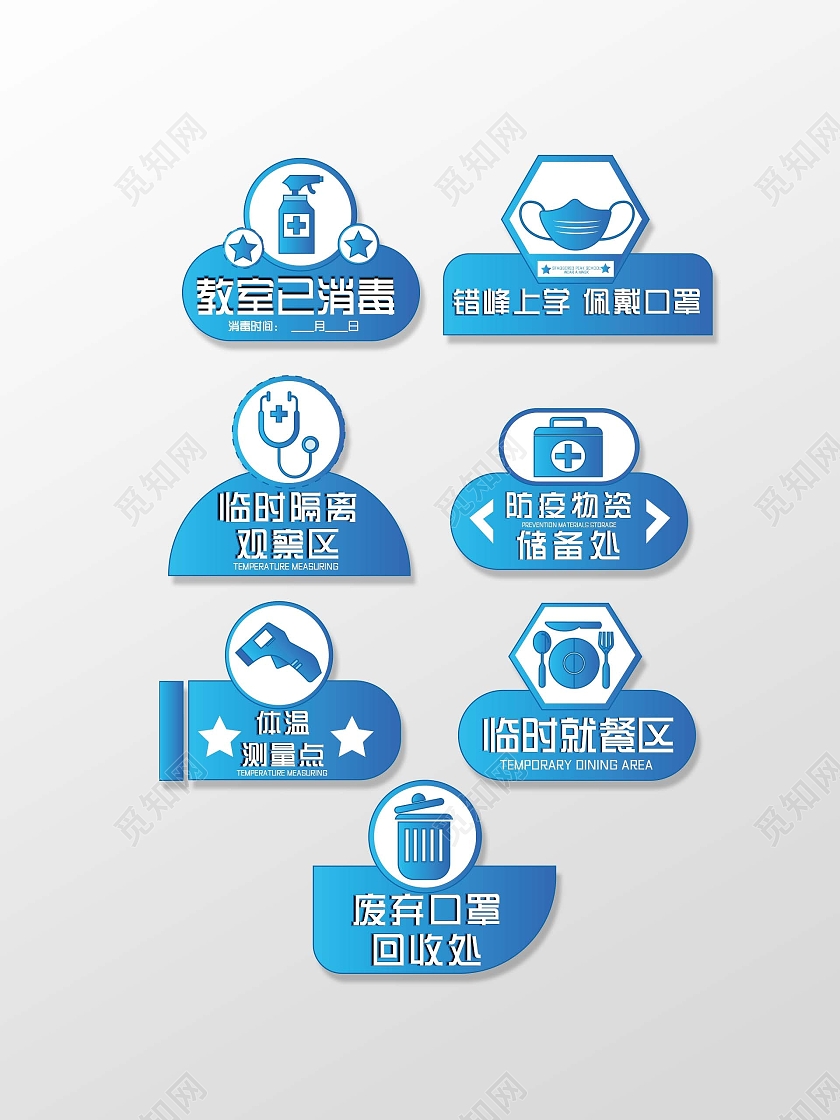 蓝色简约风格校园防疫疫情标识设计开学引导牌