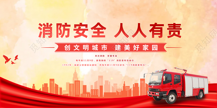 橘红色简洁风格消防安全人人有责宣传展板海报消防车宣传栏消防安全海报消防安全展板