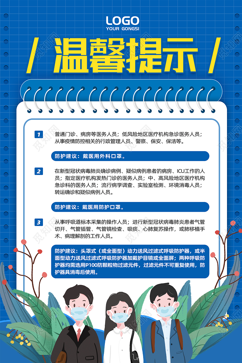 蓝色简约卡通防疫温馨提示卡通人物戴口罩告示宣传海报
