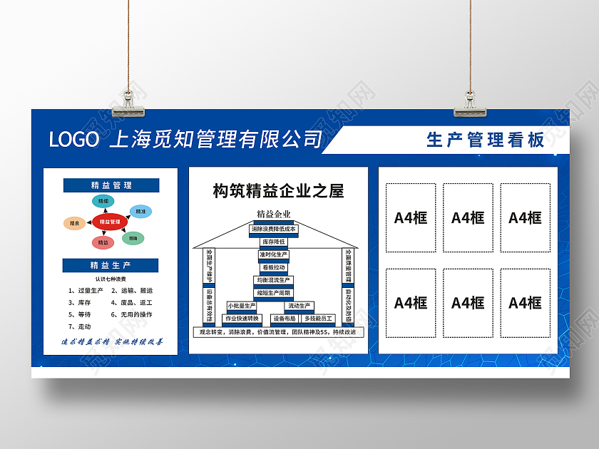蓝色简约大气精益生产管理宣传展板宣传栏精益生产宣传栏