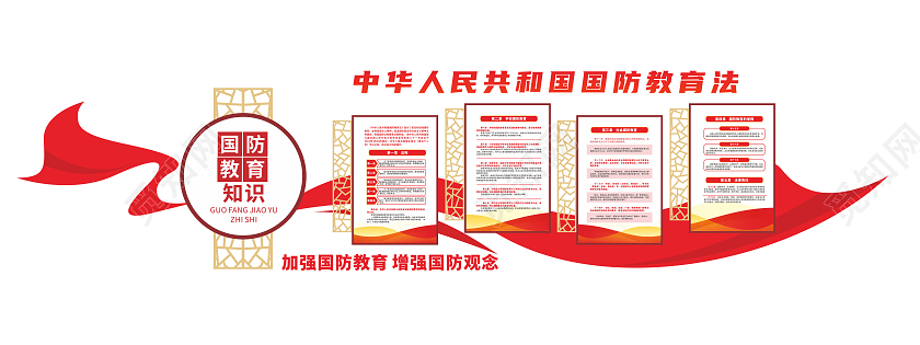 红色大气飘带风格国防教育文化墙