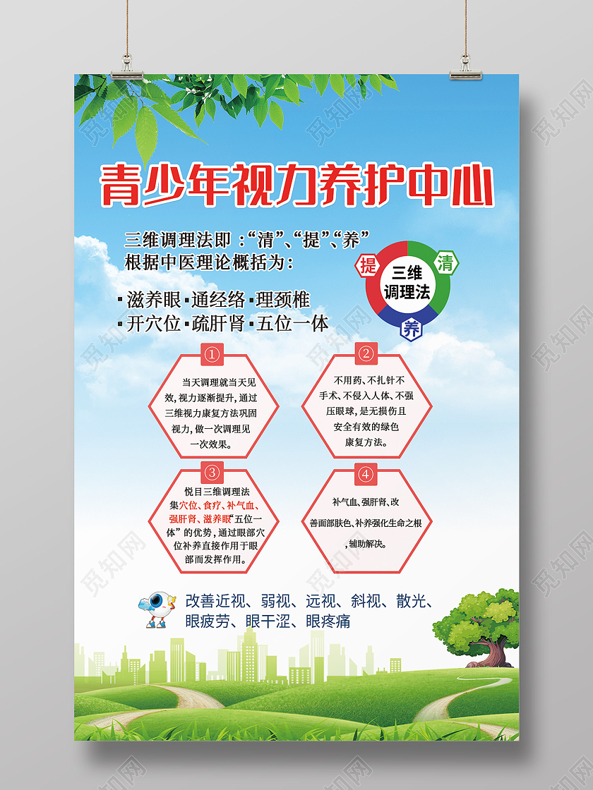 蓝色卡通风青年视力养护中心海报视力养护海报