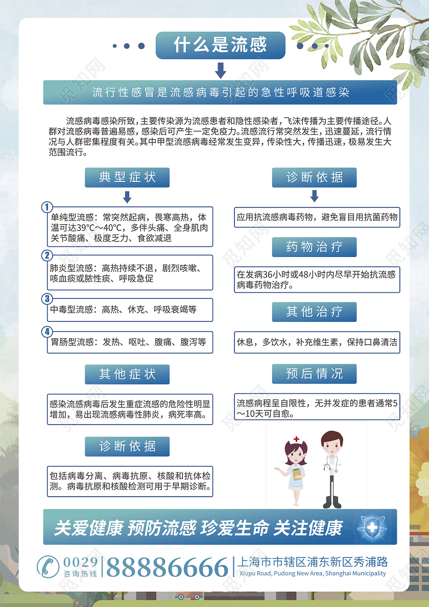 蓝青色卡通风简约大气预防流感注意卫生流感宣传单