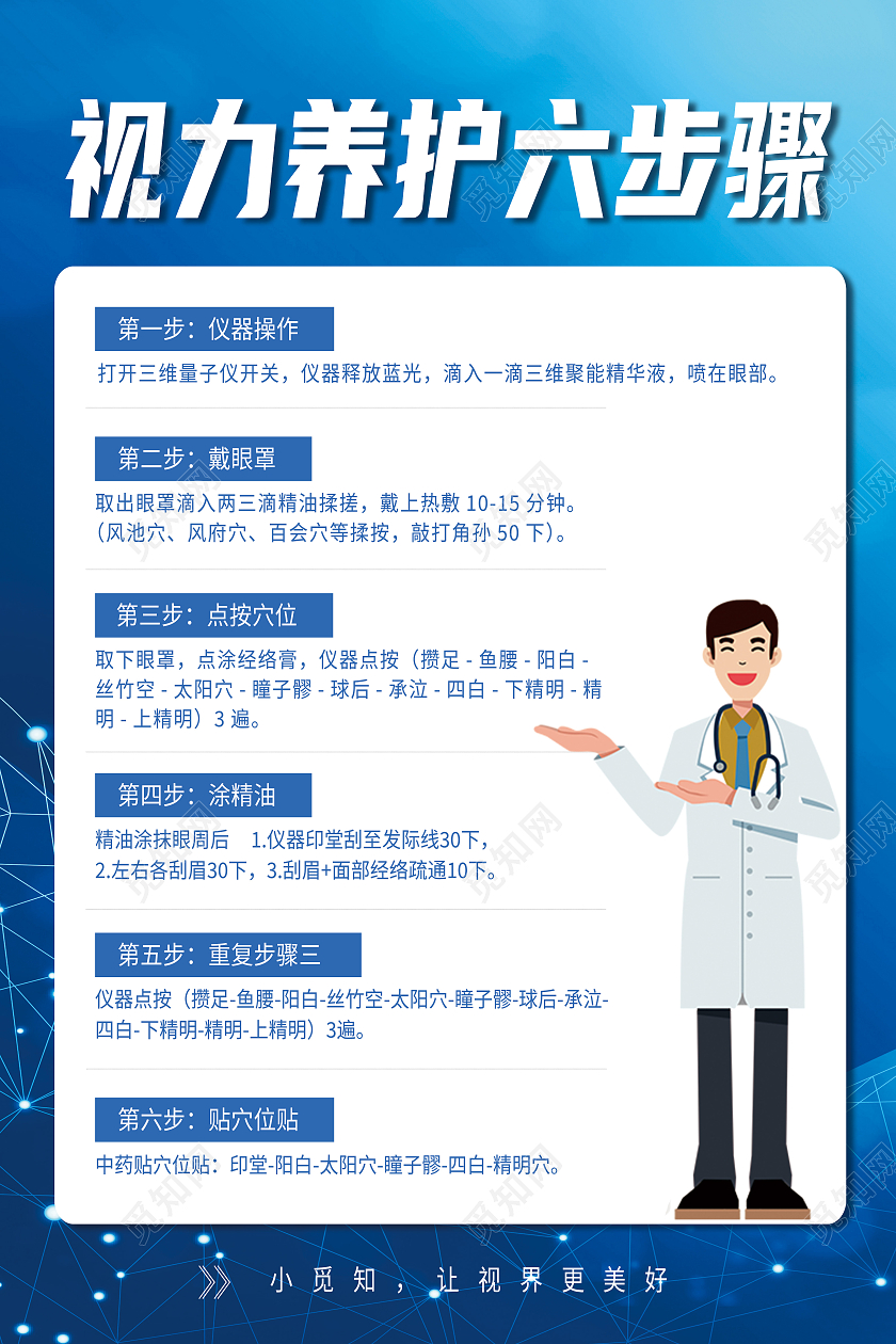 蓝色简约视力养护六步骤视力养护海报